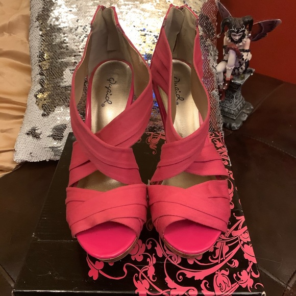 Pink Strappy Cork Platforms - Fuschia Twill - Picture 3 of 8